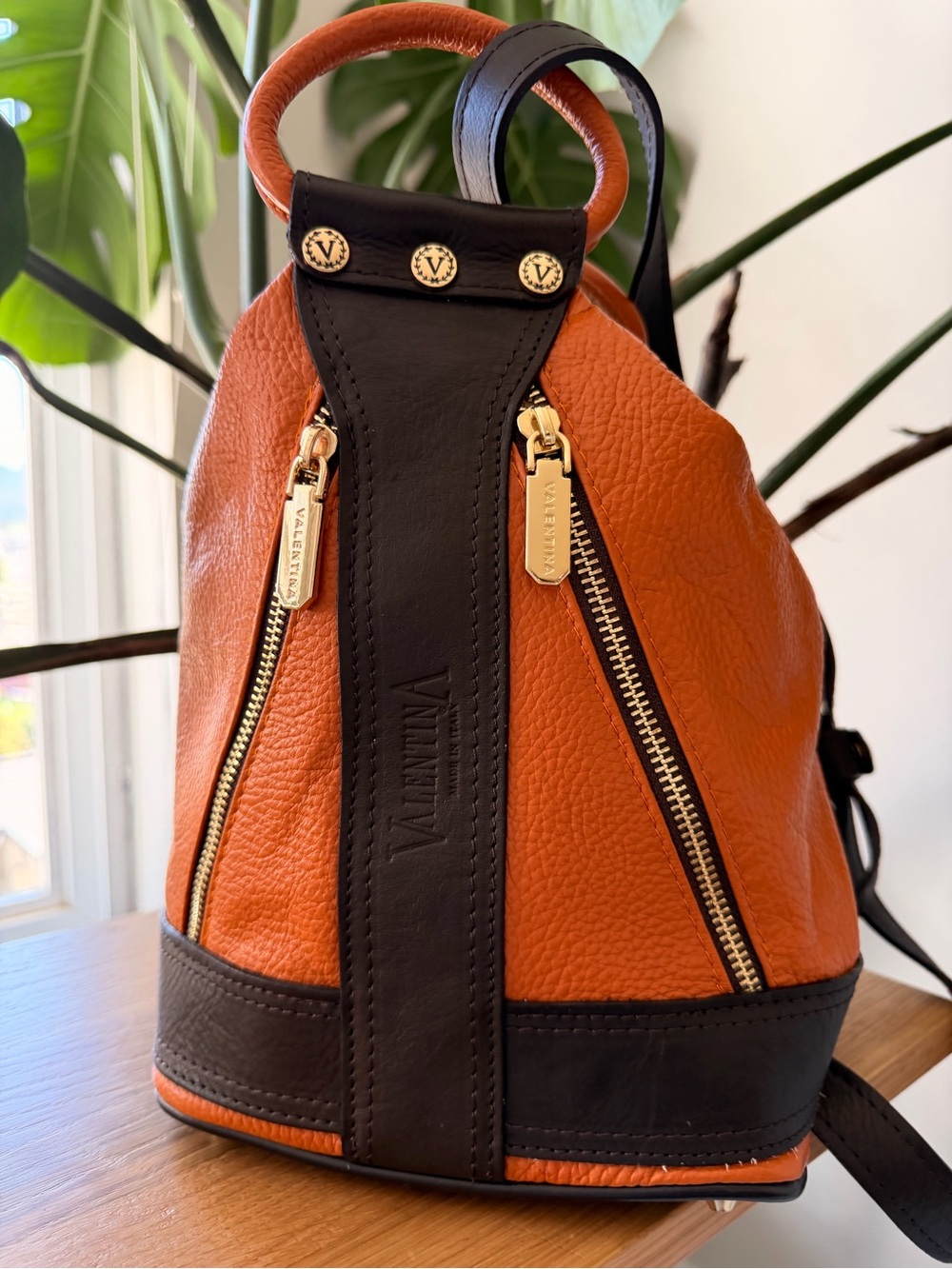 Valentina Orange and Black Leather Backpack with Gold Accents